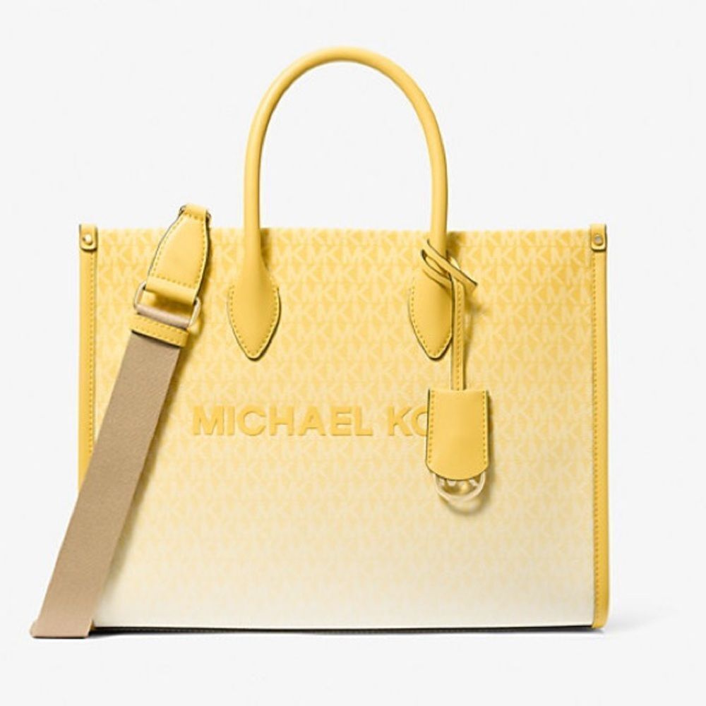 Michael Kors Mirella Ombre Logo Tote Lemon Yellow structured Crossbody Tote New - Picture 4 of 8